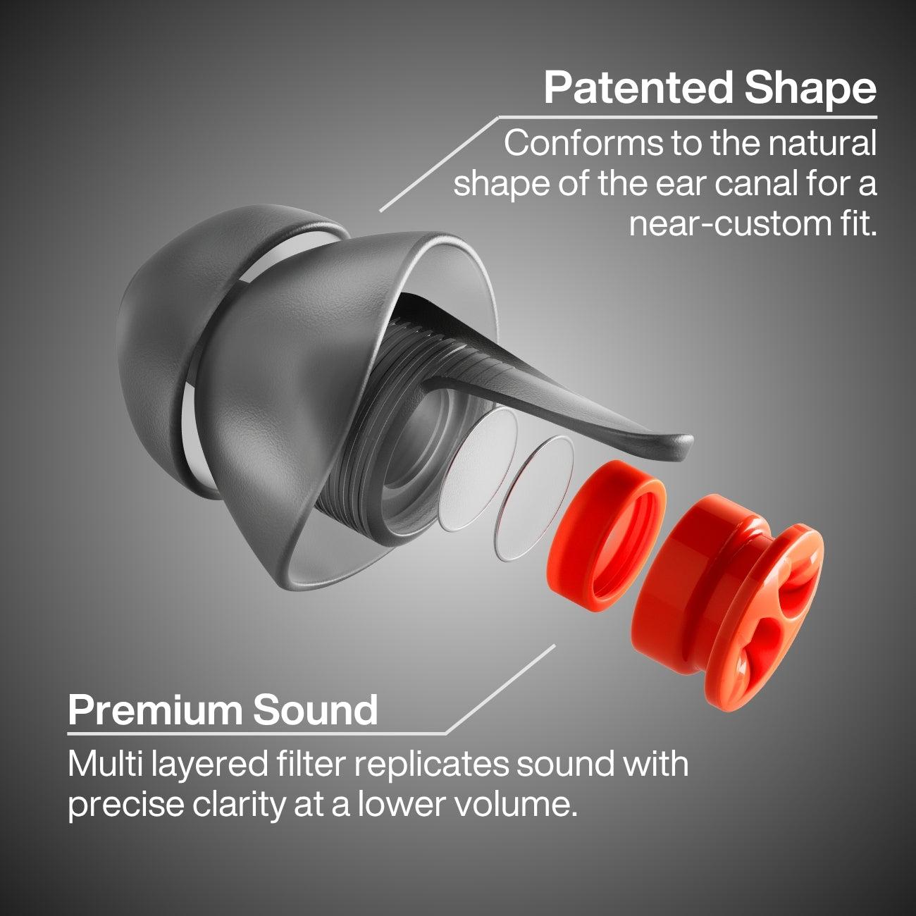 Earpeace 24dB motorcycle earplugs with red filter on a gray background, highlighting patented shape and premium sound features.