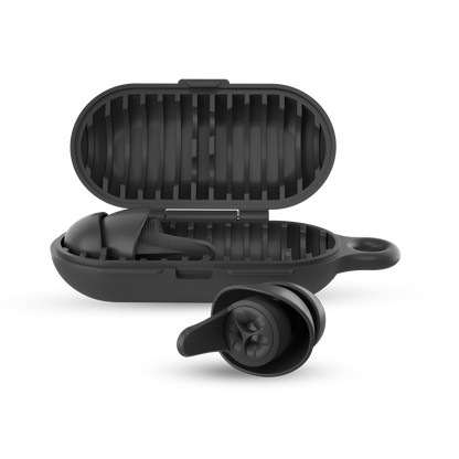 earpeace everyday case open with single earplug in case and single in earplug out in black