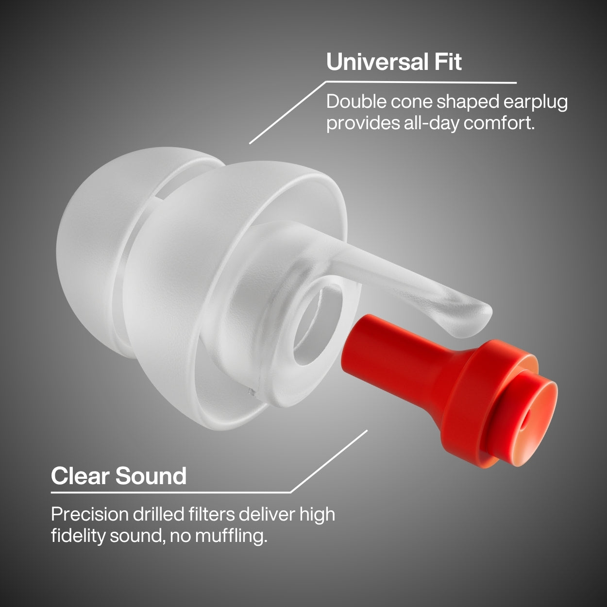 Earplug with red cap on a gray background, labeled 'Universal Fit' and 'Clear Sound'.