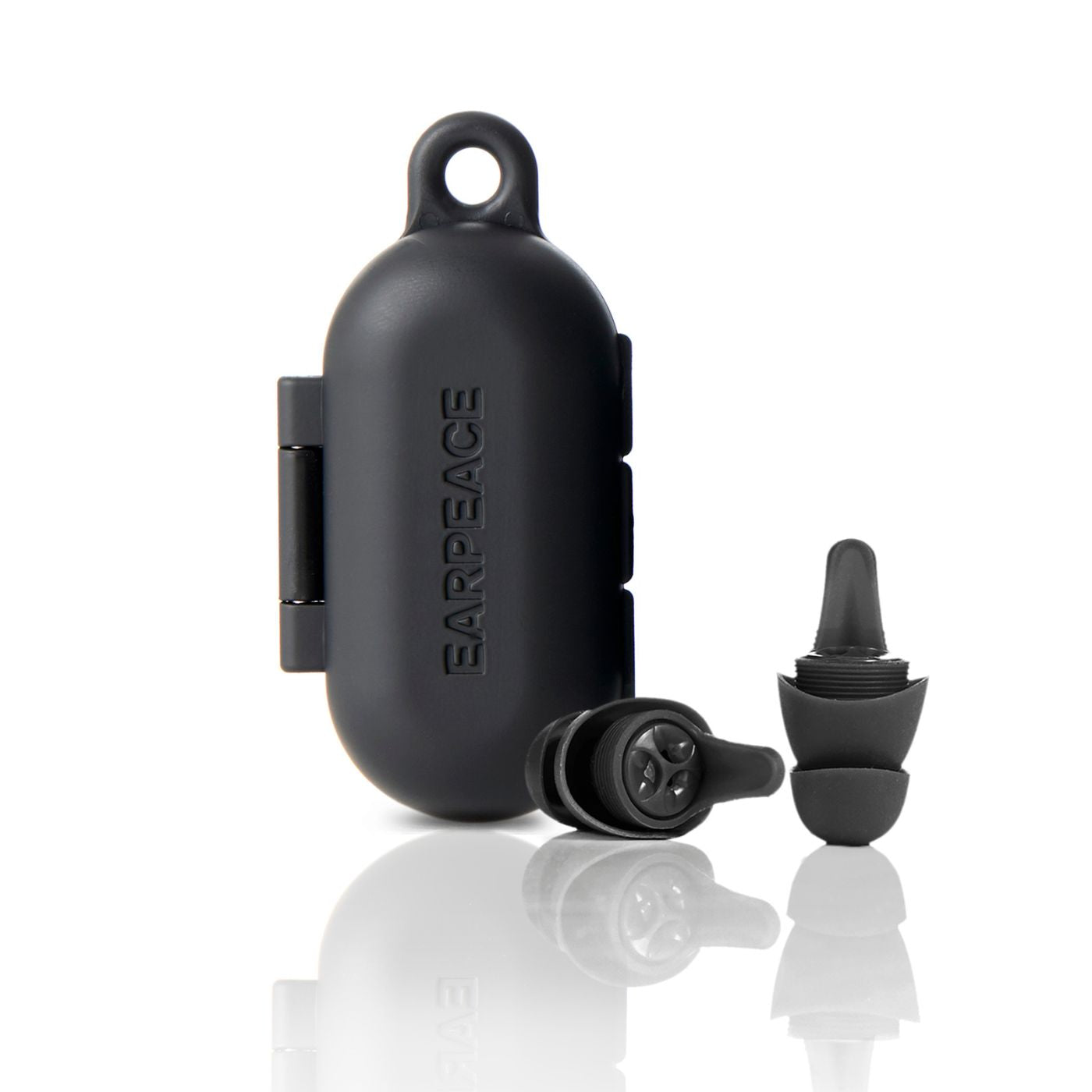 earpeace everyday black case upright and  two black earplugs 