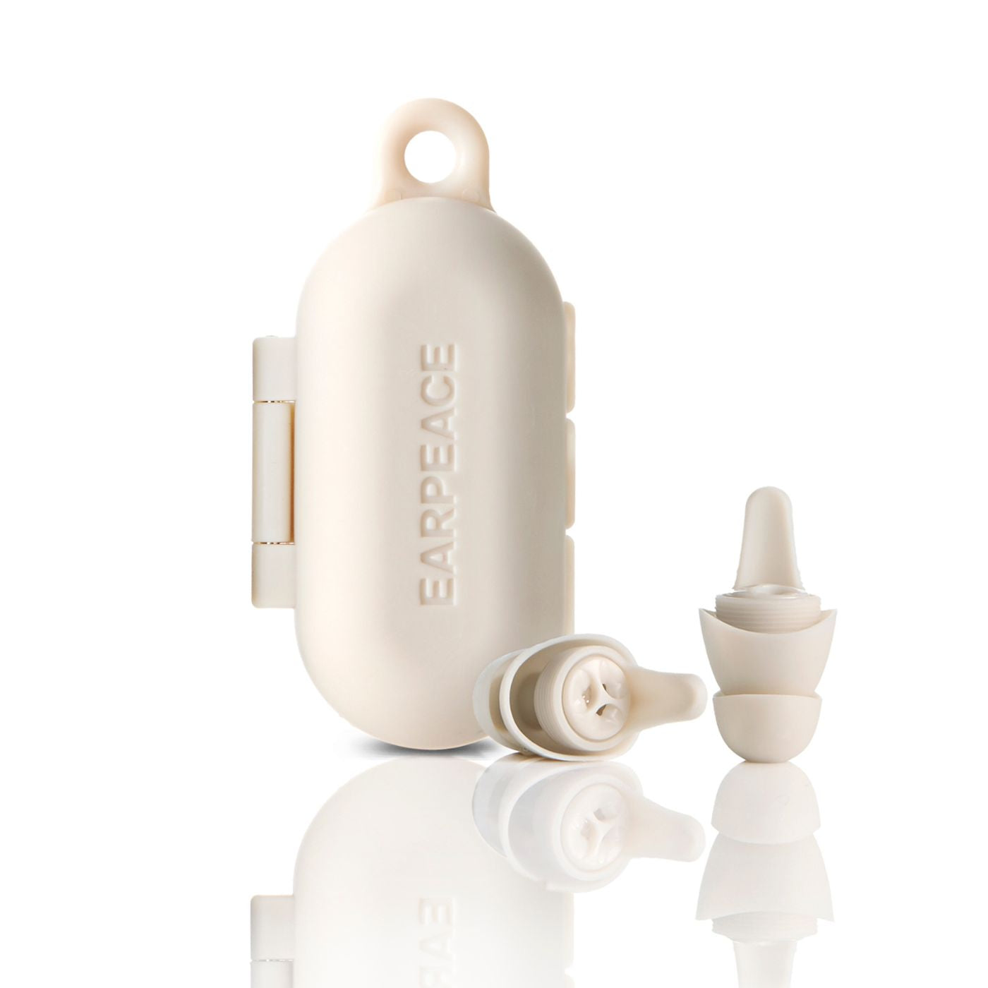 earpeace everyday cream case upright and  two cream earplugs