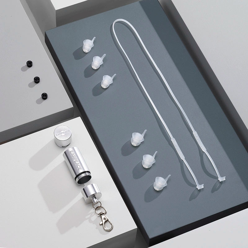 Sport PRO earplugs, filters, carrying case and connector cord full layout